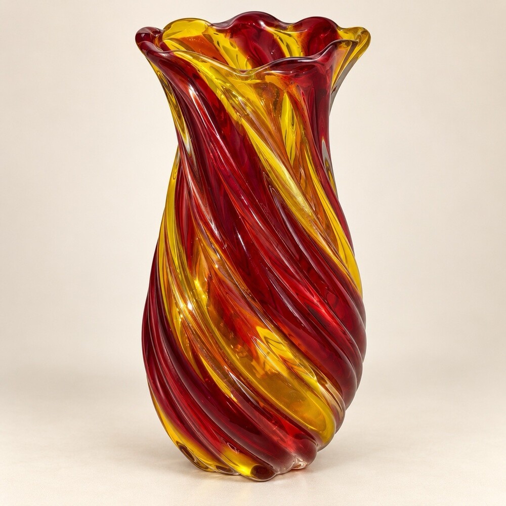 Hand Blown Art Glass Vase Red Yellow Swirl Ruffled Rim Murano Style 9.5”